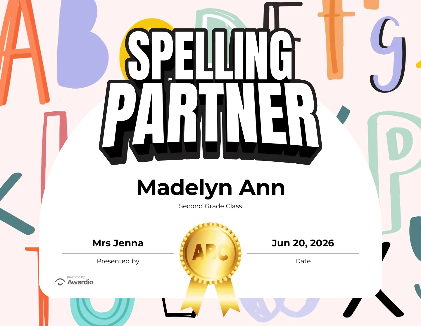 Editable Spelling award certificate