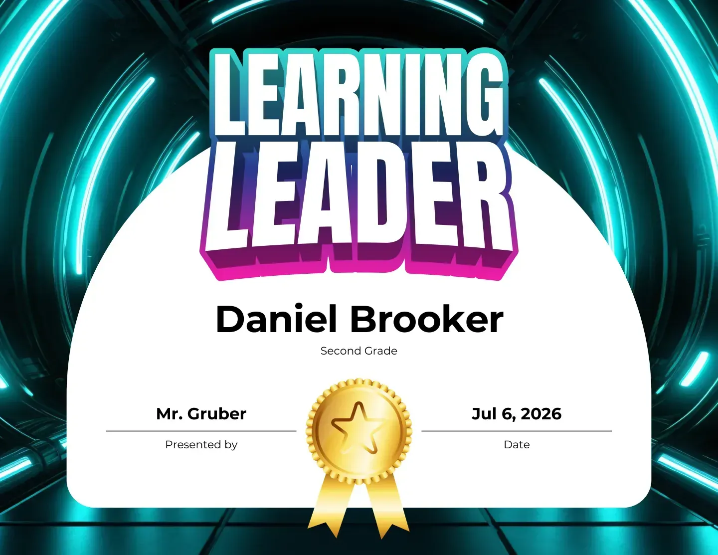 Learning Leader improvement award on a teal tunnel design