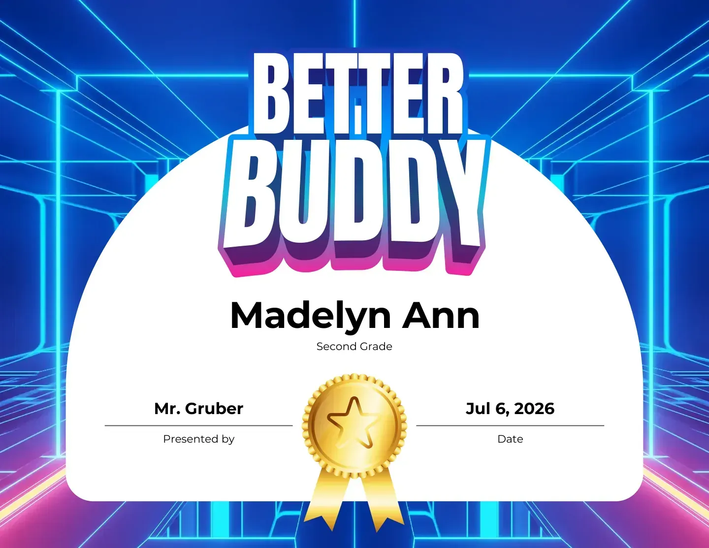 Better Buddy improvement certificate with a bright neon design