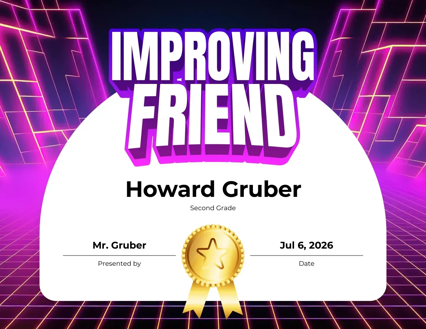 Improving Friend most-improved certificate on a pink neon design