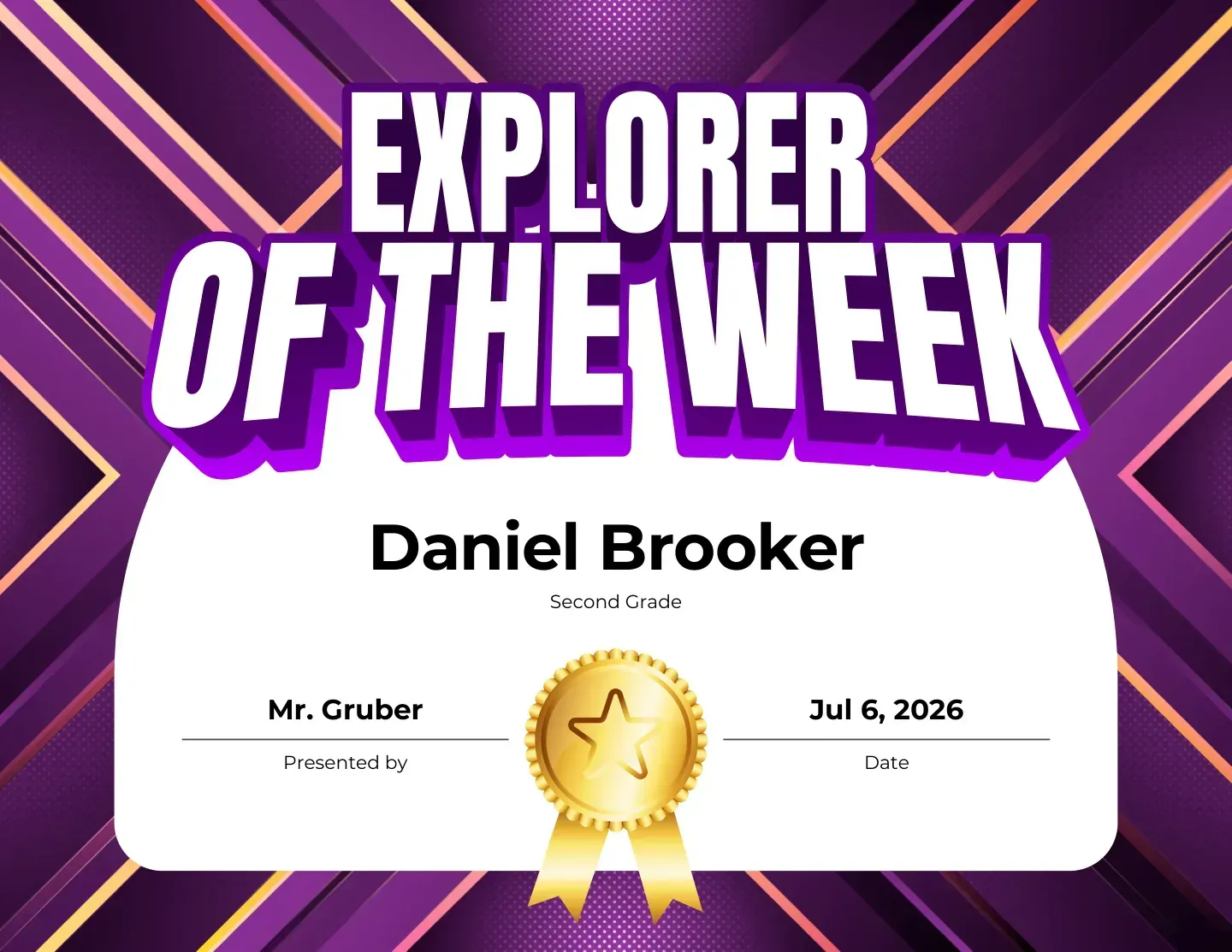 Explorer of the Week award on a purple geometric design