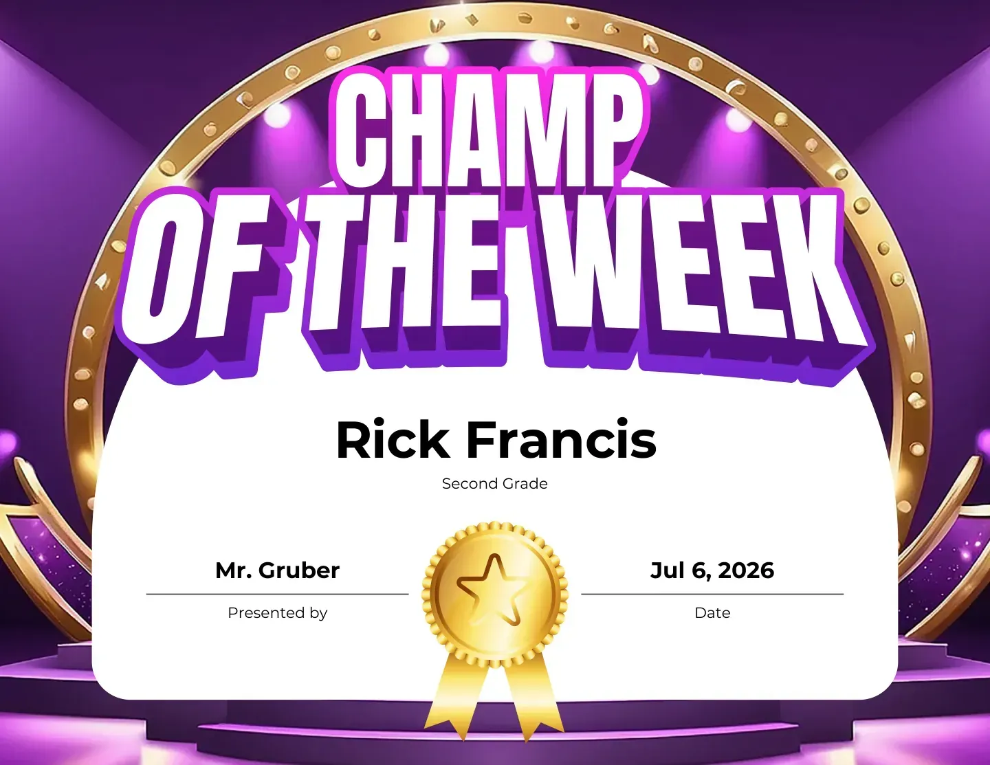 Champ of the Week certificate with a gold arch design