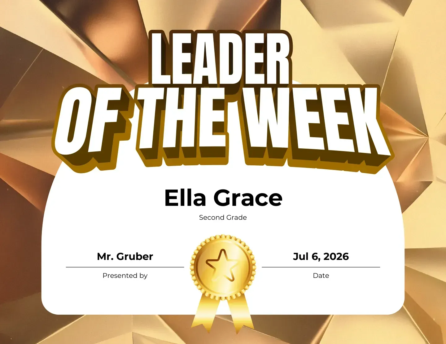 Leader of the Week certificate on a gold crystal background