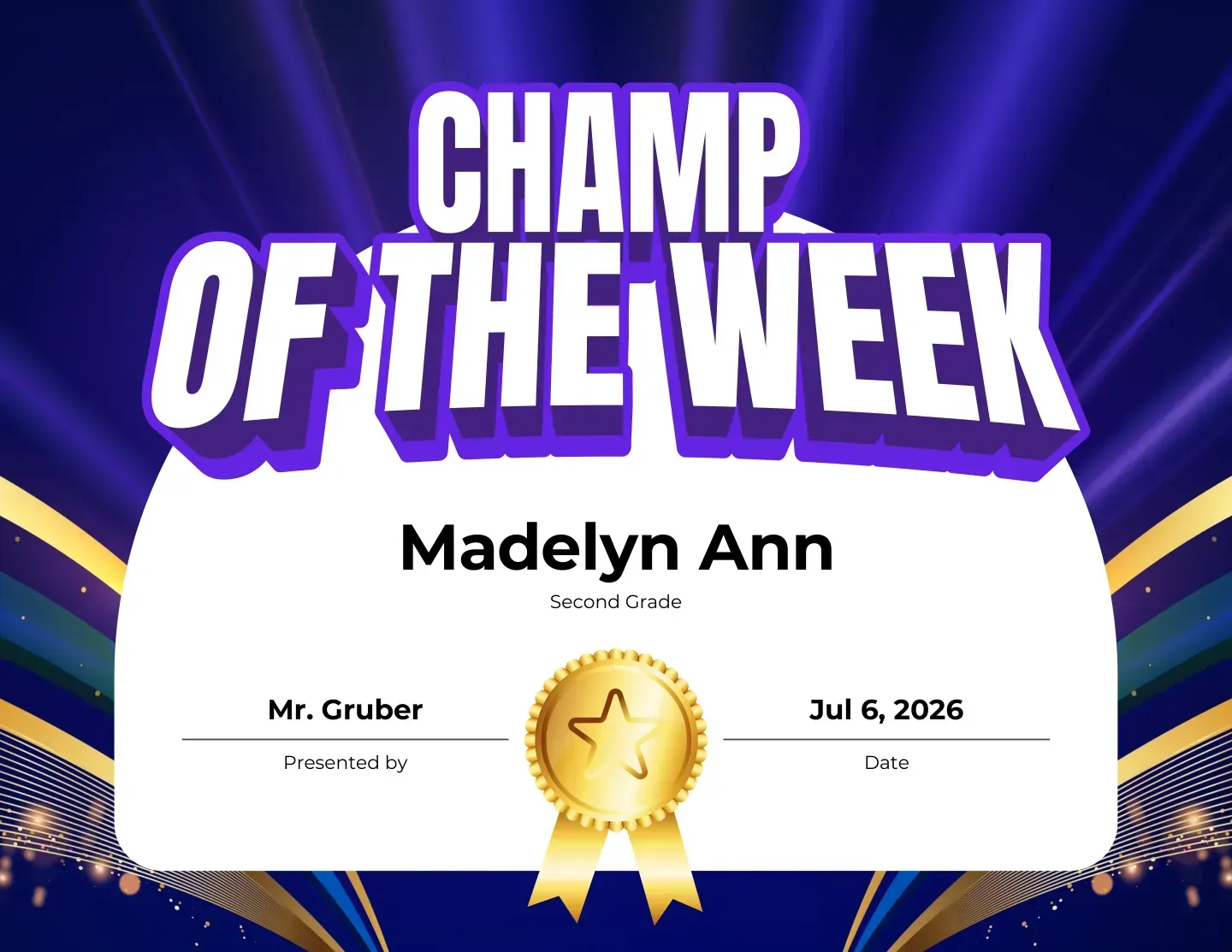 Champ of the Week student of the week award