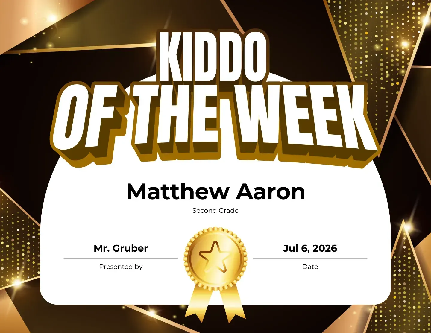 Kiddo of the Week certificate on a gold sparkle design