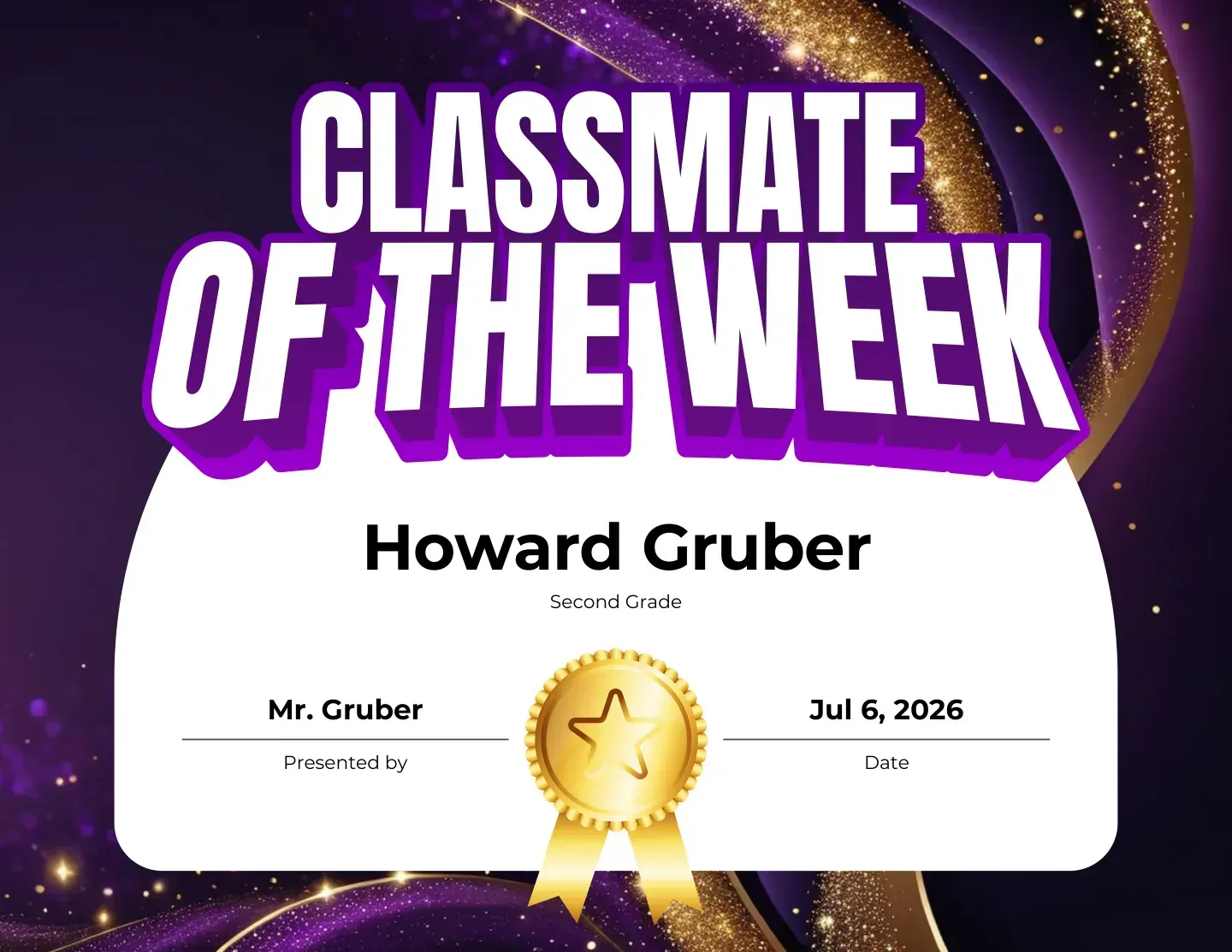 Classmate of the Week award celebrating a kind classmate