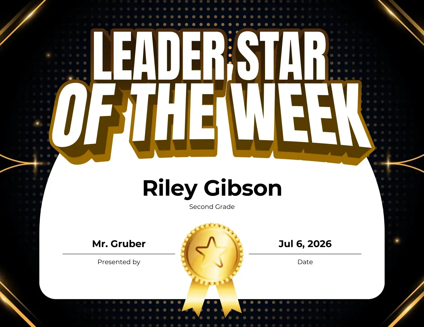 Leader Star of the Week certificate on a dark spotlight design