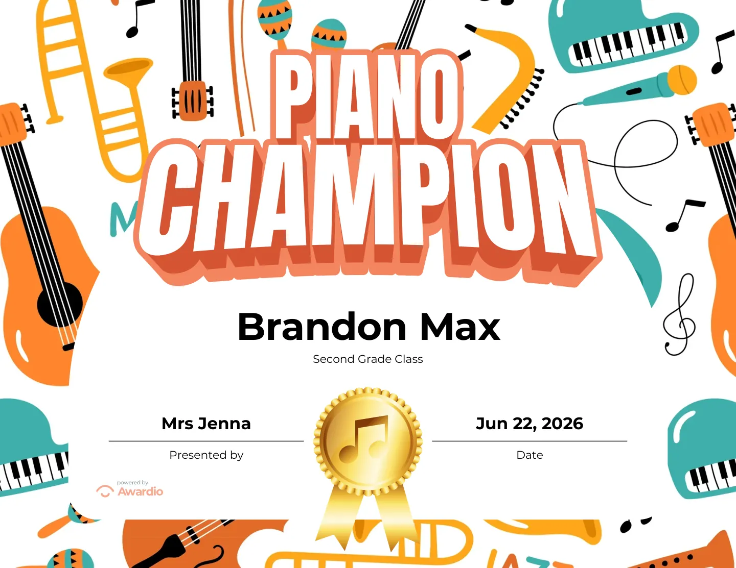 Printable Piano award for kids