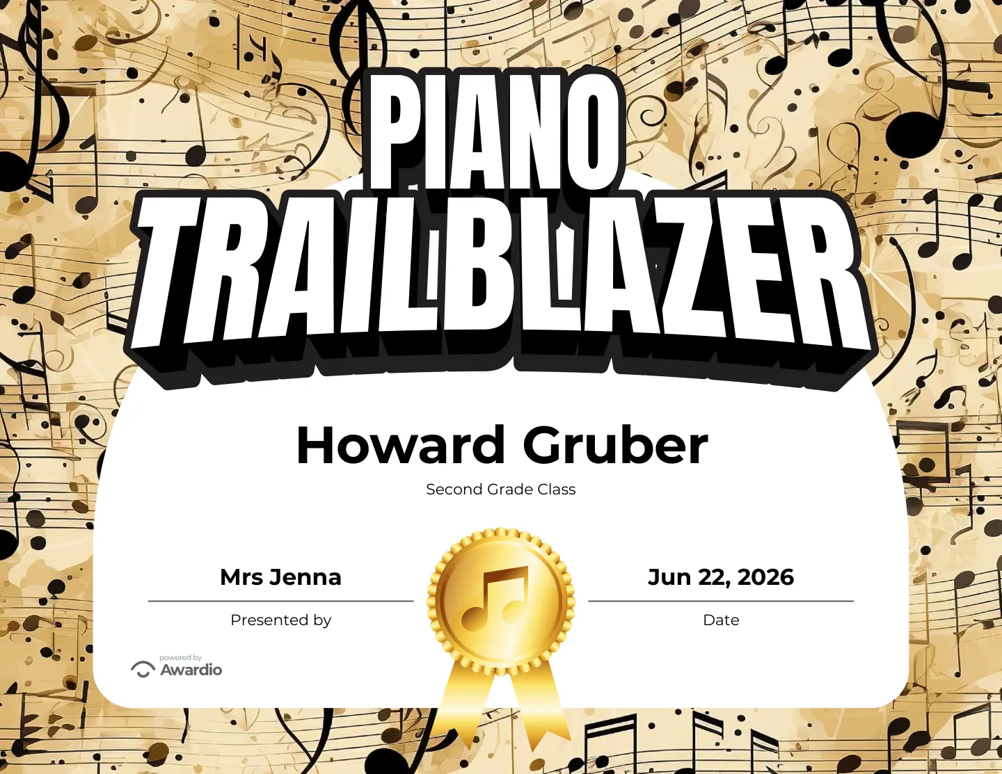 Customizable Piano certificate for students